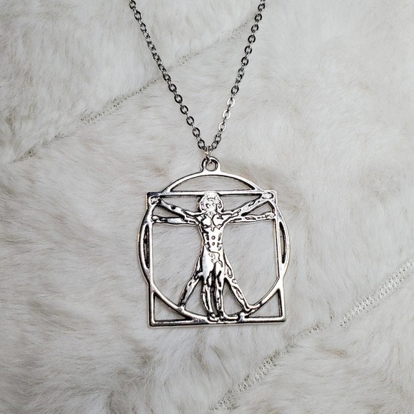 Leonardo Da Vinci Vitruvian Man Drawing Charm Necklace - Picture 1 of 3